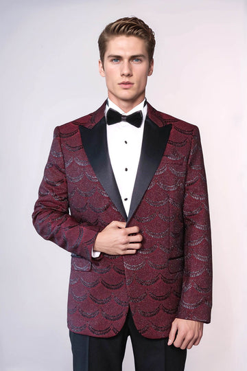 Patterned Slim Fit Burgundy Men Tuxedo Jacket - Wessi
