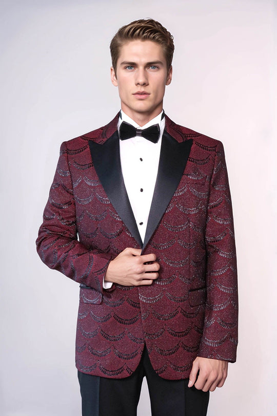 Patterned Slim Fit Burgundy Men Tuxedo Jacket - Wessi