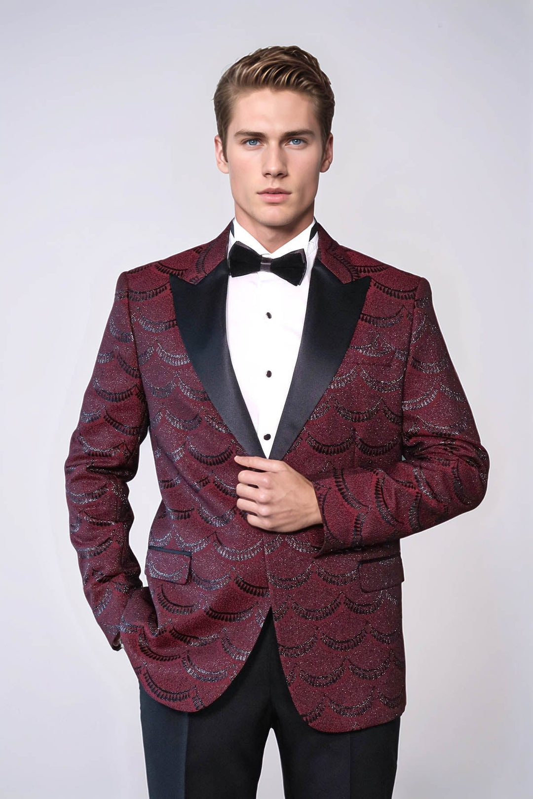 Patterned Slim Fit Burgundy Men Tuxedo Jacket - Wessi