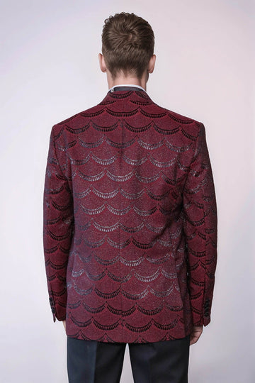 Patterned Slim Fit Burgundy Men Tuxedo Jacket - Wessi