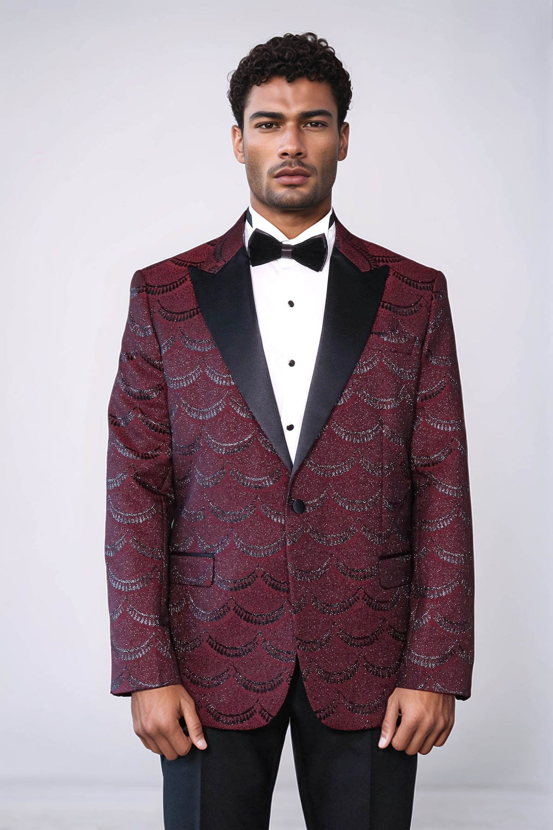 Patterned Slim Fit Burgundy Men Tuxedo Jacket - Wessi
