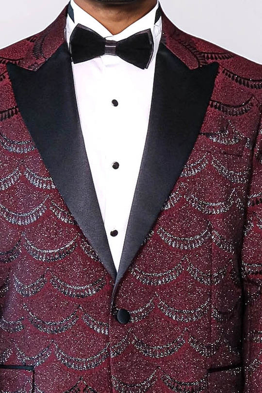 Patterned Slim Fit Burgundy Men Tuxedo Jacket - Wessi