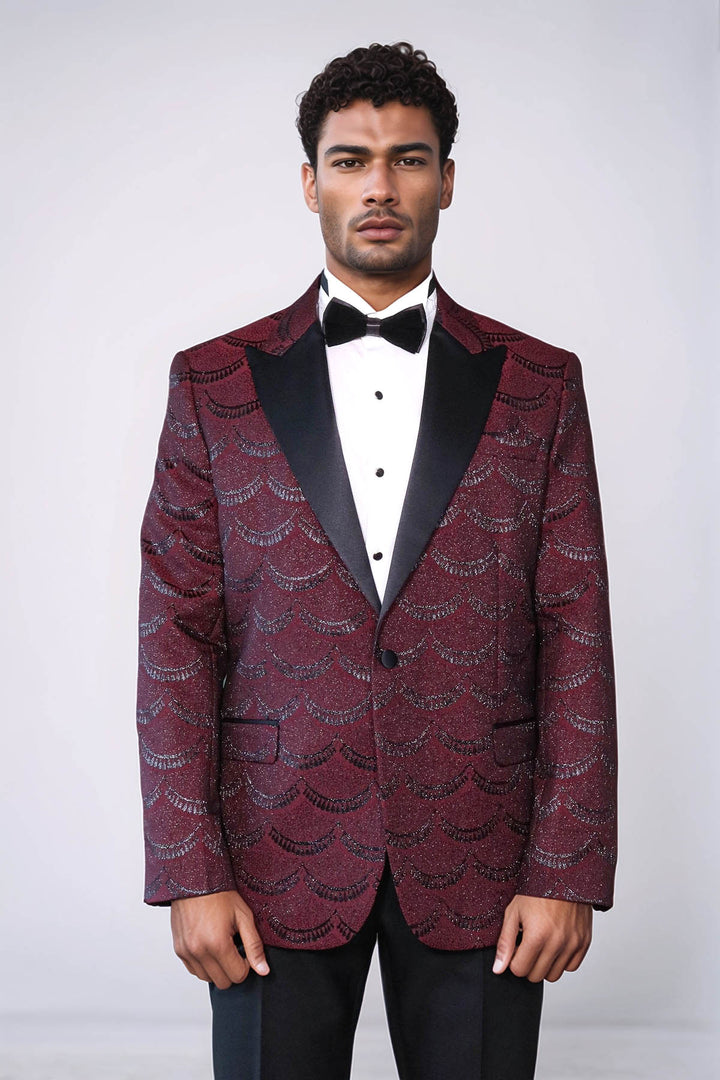 Patterned Slim Fit Burgundy Men Tuxedo Jacket - Wessi