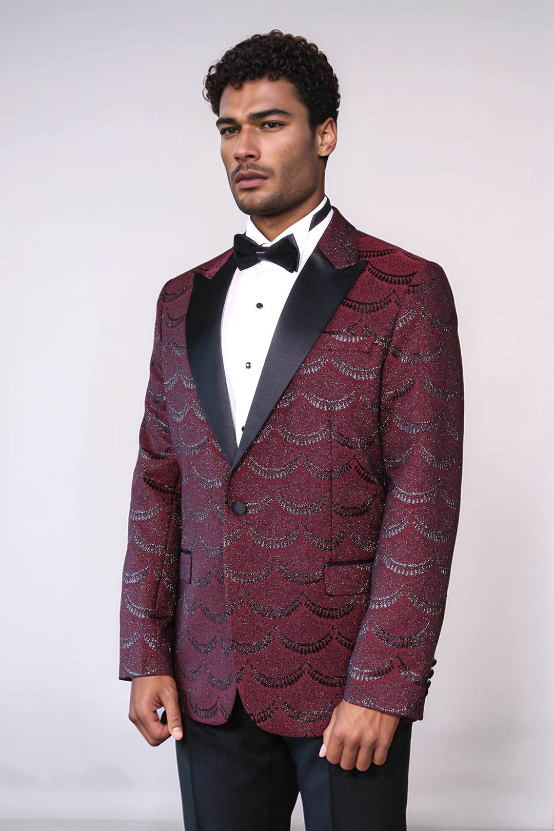 Patterned Slim Fit Burgundy Men Tuxedo Jacket - Wessi