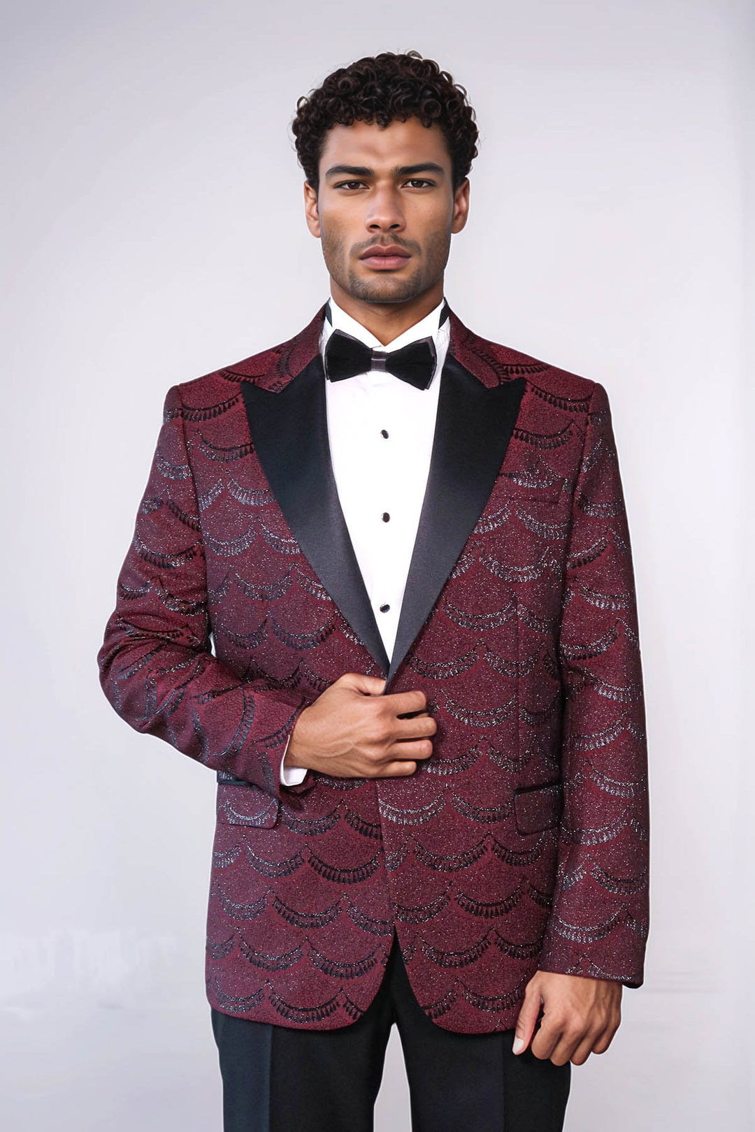 Patterned Slim Fit Burgundy Men Tuxedo Jacket - Wessi