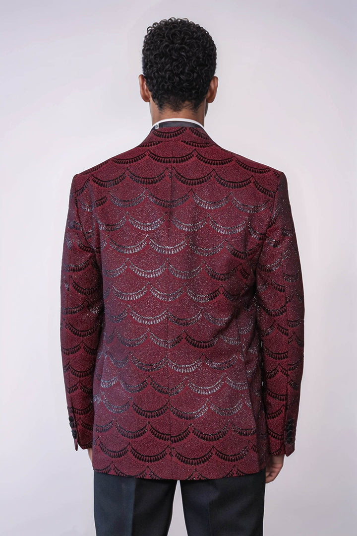 Patterned Slim Fit Burgundy Men Tuxedo Jacket - Wessi