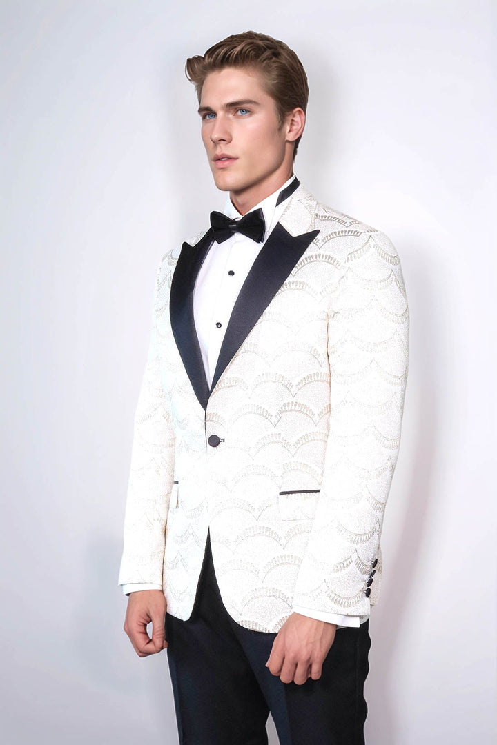Patterned Slim Fit White Men Dinner Jacket - Wessi