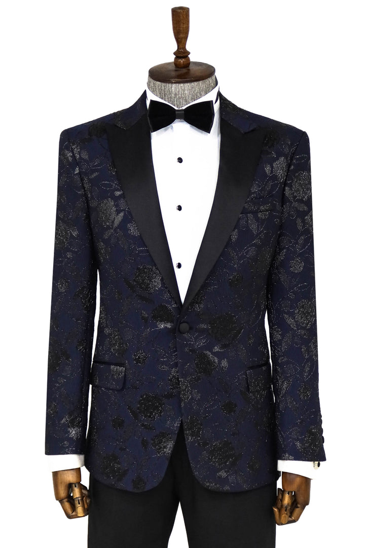 Floral Patterned Navy Blue Men Prom Blazer - Wessi