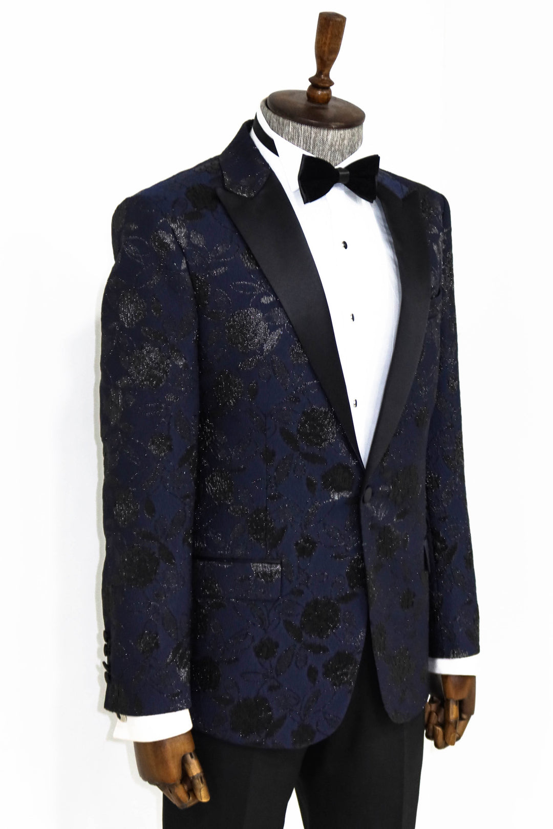 Floral Patterned Navy Blue Men Prom Blazer - Wessi