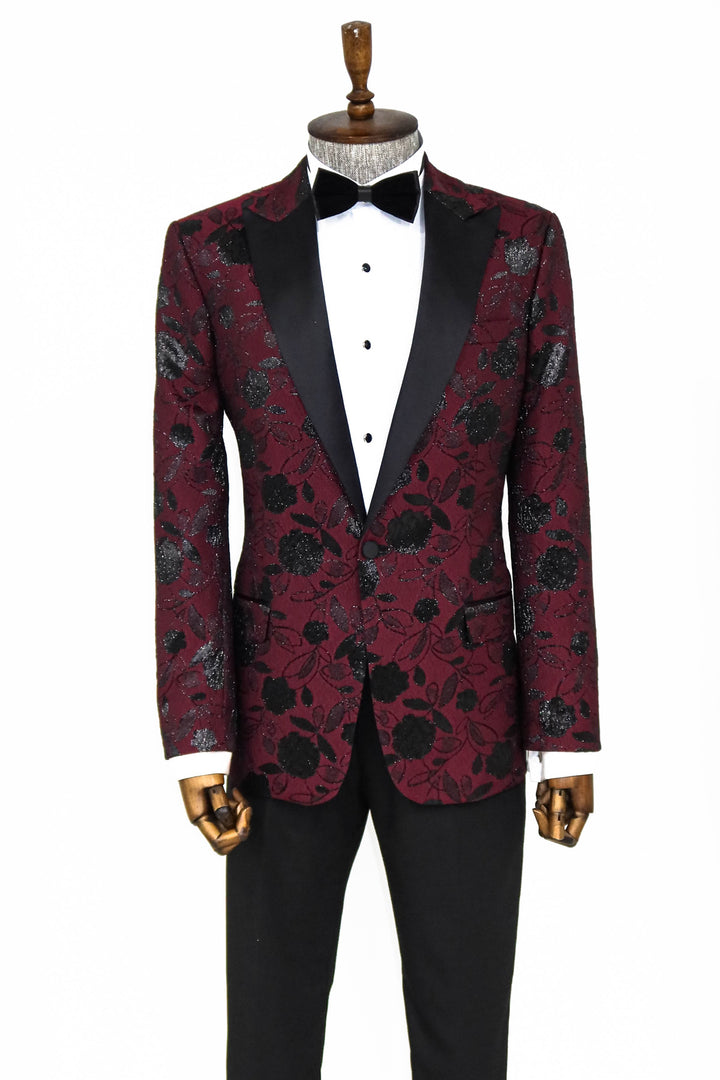 Floral Patterned Burgundy Men Prom Blazer - Wessi