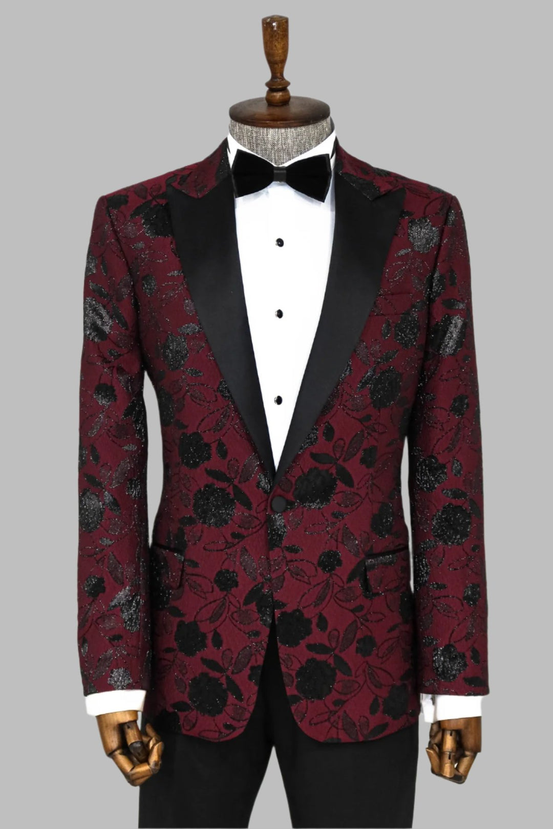 Floral Patterned Burgundy Men Prom Blazer - Wessi