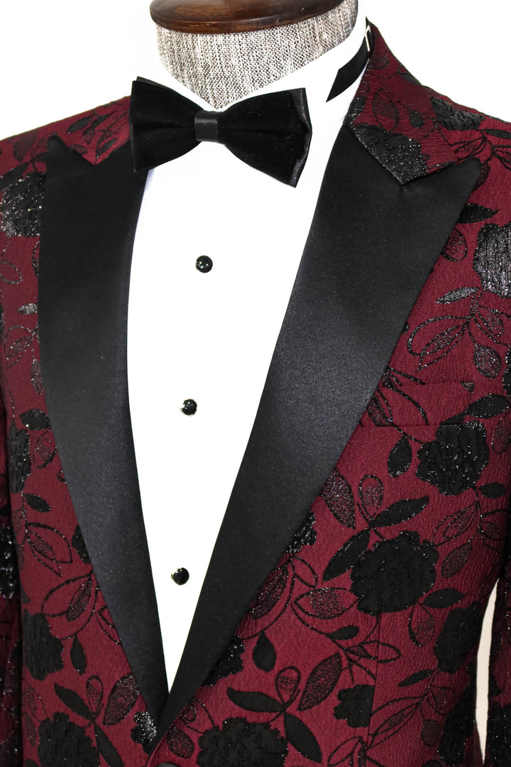 Floral Patterned Burgundy Men Prom Blazer - Wessi