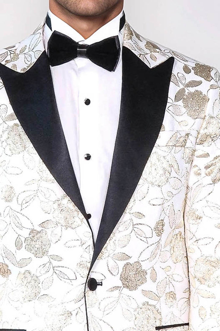 Floral Patterned White Men Tuxedo Blazer - Wessi