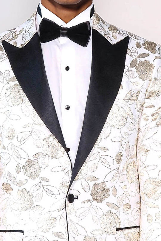 Floral Patterned White Men Tuxedo Blazer - Wessi