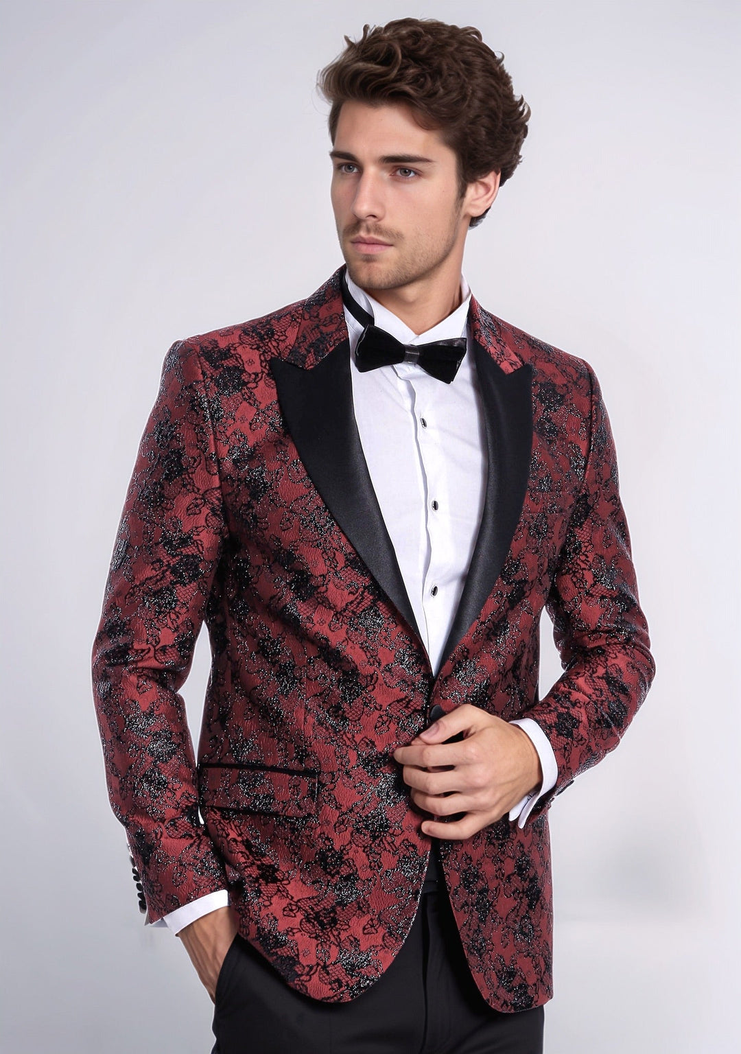 Floral Patterned Slim Fit Burgundy Men Evening  Dinner Blazer - Wessi