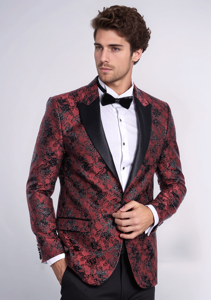 Floral Patterned Slim Fit Burgundy Men Evening  Dinner Blazer - Wessi