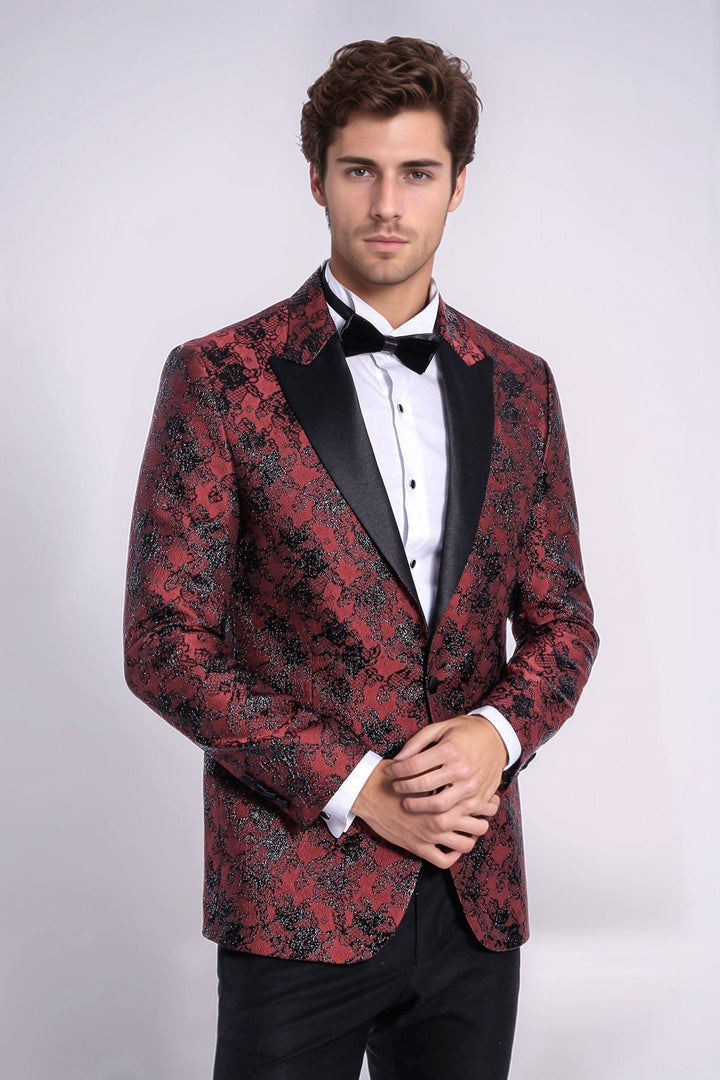 Floral Patterned Slim Fit Burgundy Men Evening  Dinner Blazer - Wessi