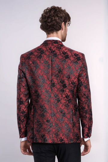 Floral Patterned Slim Fit Burgundy Men Evening  Dinner Blazer - Wessi