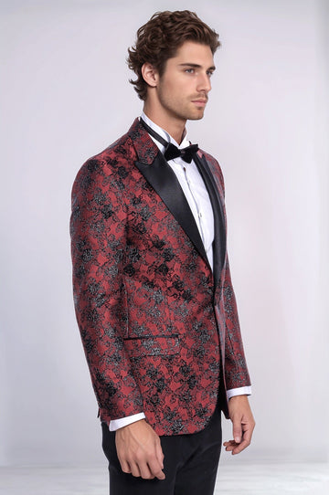 Floral Patterned Slim Fit Burgundy Men Evening  Dinner Blazer - Wessi