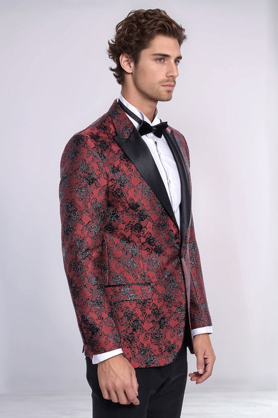 Floral Patterned Slim Fit Burgundy Men Evening  Dinner Blazer - Wessi