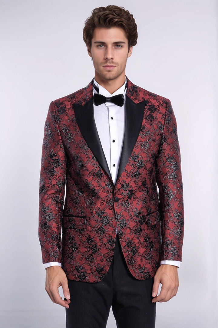Floral Patterned Slim Fit Burgundy Men Evening  Dinner Blazer - Wessi