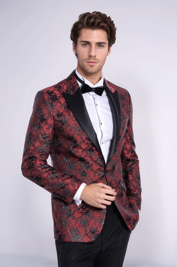 Floral Patterned Slim Fit Burgundy Men Evening  Dinner Blazer - Wessi