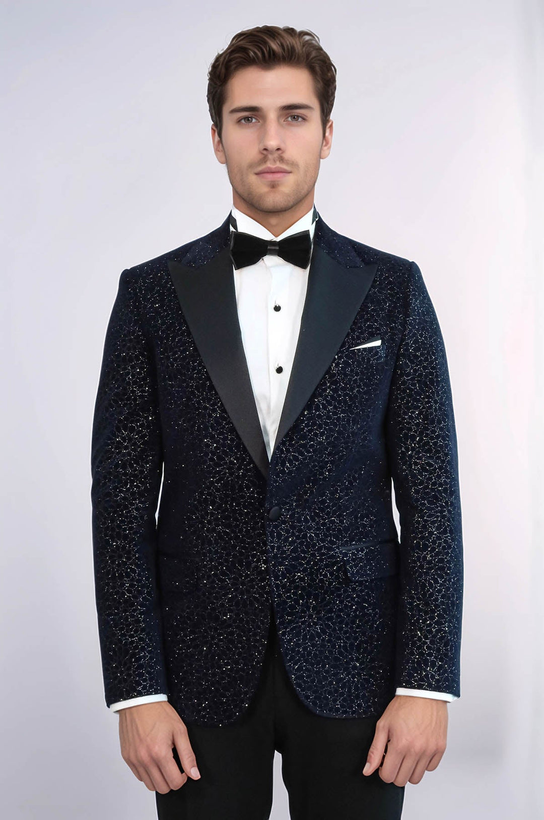 Glitter Floral Patterned Navy Blue Men Wedding Tuxedo Blazer - Wessi