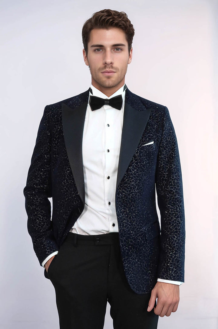 Glitter Floral Patterned Navy Blue Men Wedding Tuxedo Blazer - Wessi