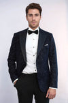 Glitter Floral Patterned Navy Blue Men Wedding Tuxedo Blazer - Wessi