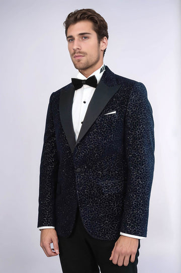 Glitter Floral Patterned Navy Blue Men Wedding Tuxedo Blazer - Wessi