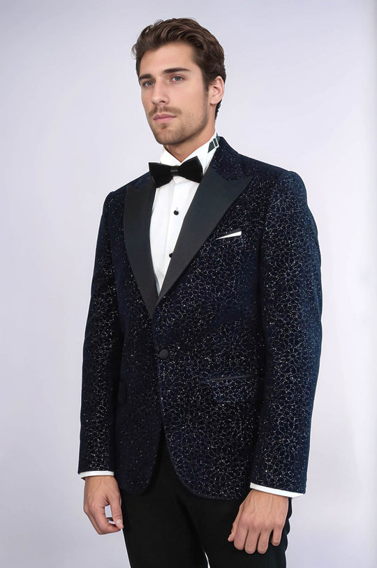 Glitter Floral Patterned Navy Blue Men Wedding Tuxedo Blazer - Wessi