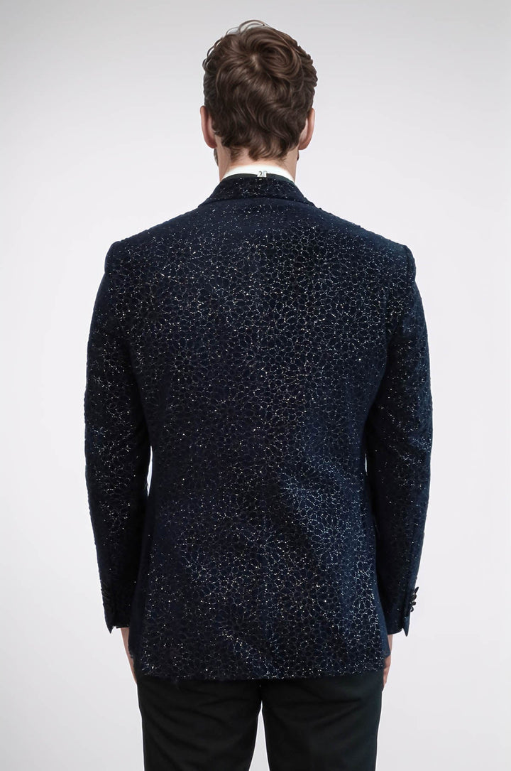 Glitter Floral Patterned Navy Blue Men Wedding Tuxedo Blazer - Wessi