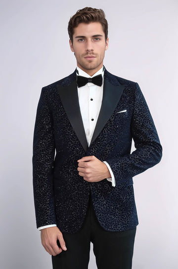 Glitter Floral Patterned Navy Blue Men Wedding Tuxedo Blazer - Wessi