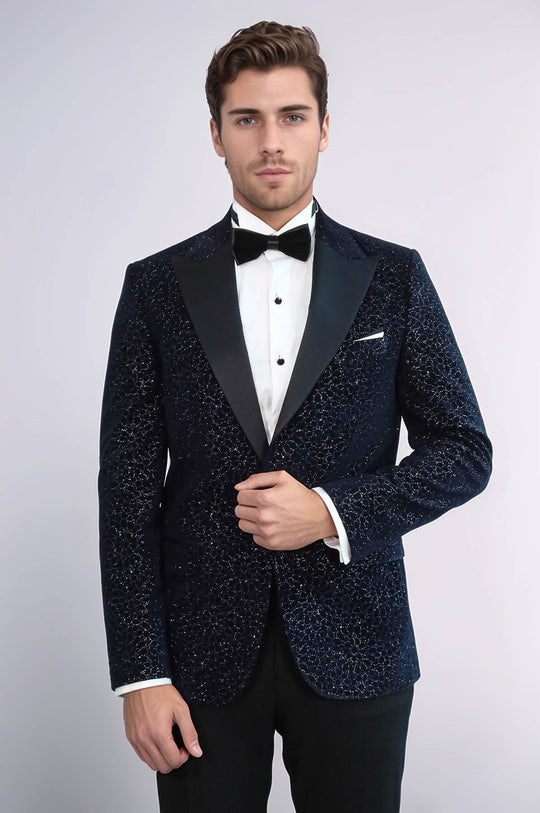 Glitter Floral Patterned Navy Blue Men Wedding Tuxedo Blazer - Wessi