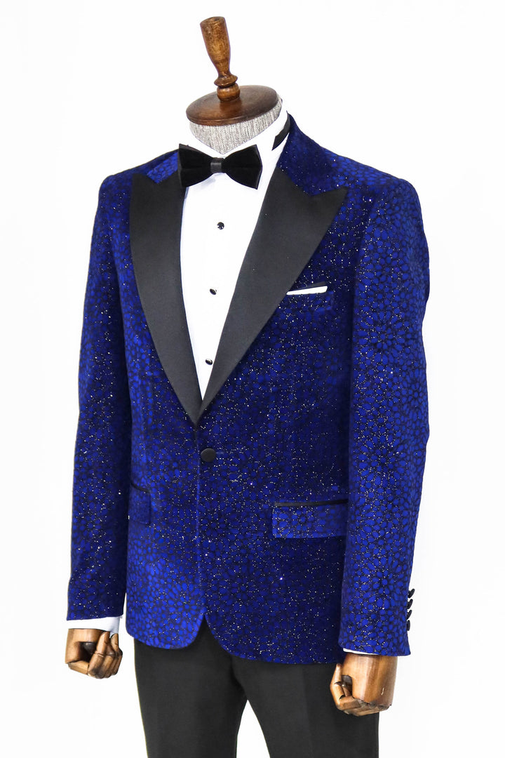 Glitter Floral Patterned Sax Blue Men Prom Blazer - Wessi