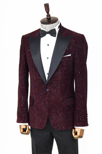 Glitter Floral Patterned Burgundy Men Party Blazer - Wessi