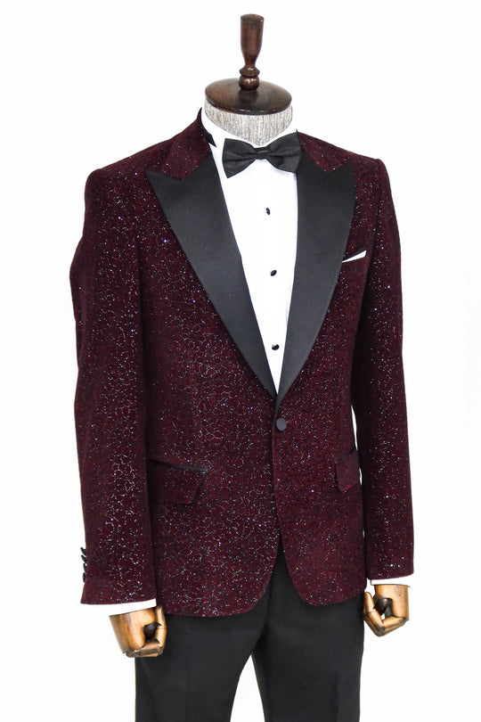 Glitter Floral Patterned Burgundy Men Party Blazer - Wessi