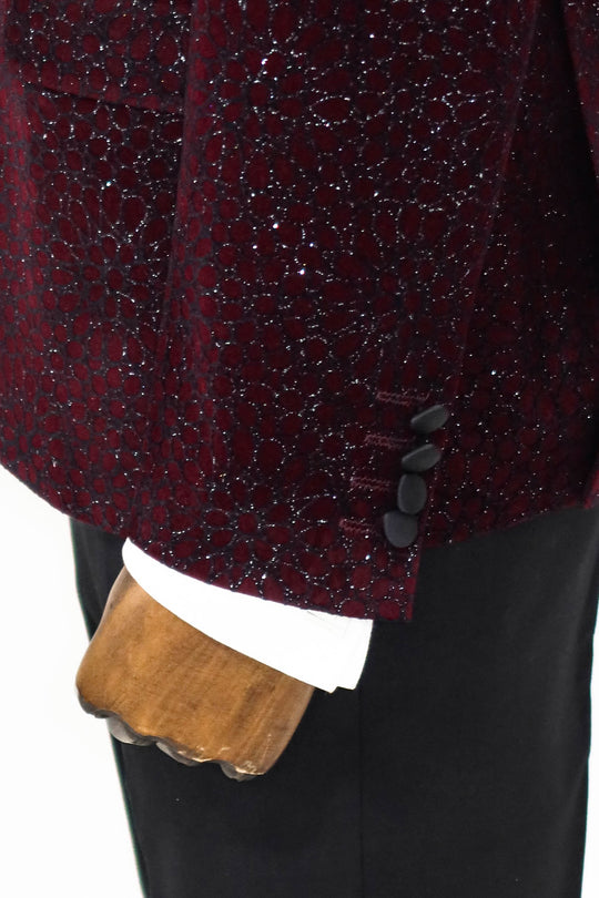 Glitter Floral Patterned Burgundy Men Party Blazer - Wessi