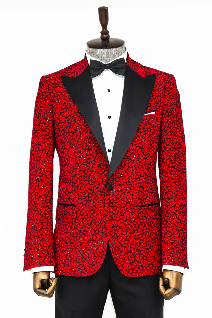 Glitter Floral Patterned Burgundy Men Prom Blazer - Wessi