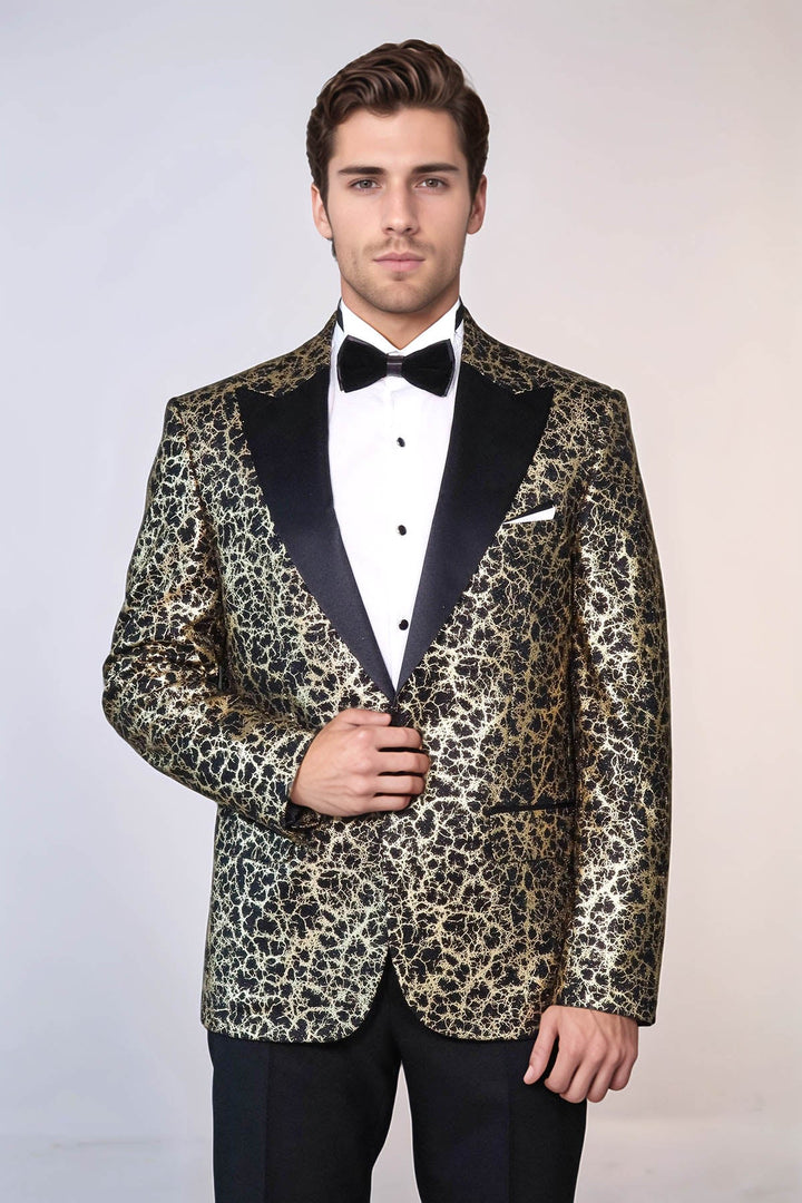 Root Pattern Peak Lapel Black Men Stage Performance Tuxedo  Blazer - Wessi