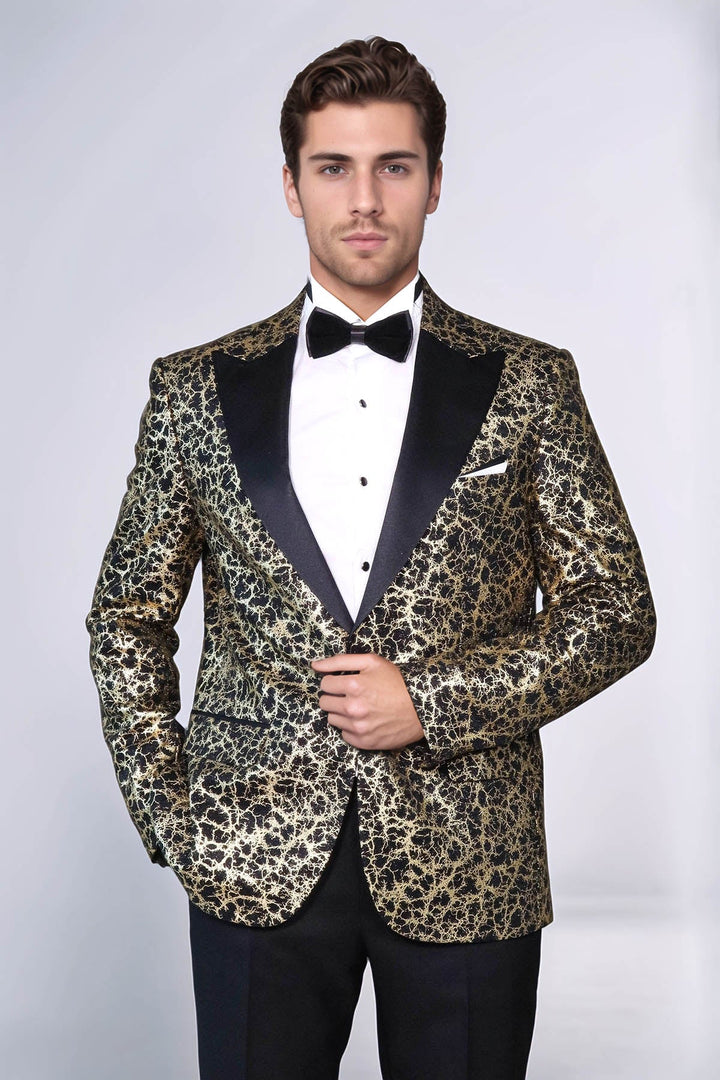 Root Pattern Peak Lapel Black Men Stage Performance Tuxedo  Blazer - Wessi