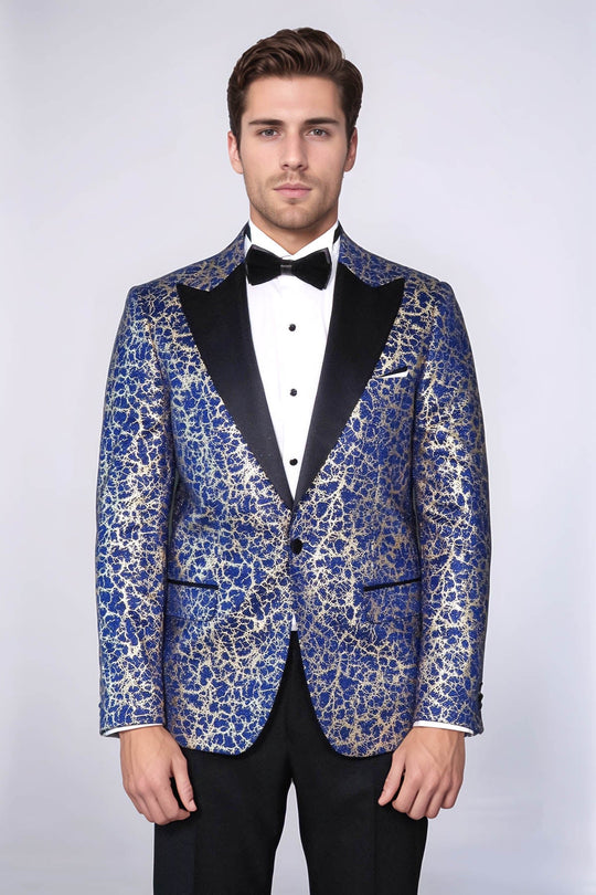 Темно-синий мужской блейзер для выпускного с острым лацканом с корневым узором - Wessi