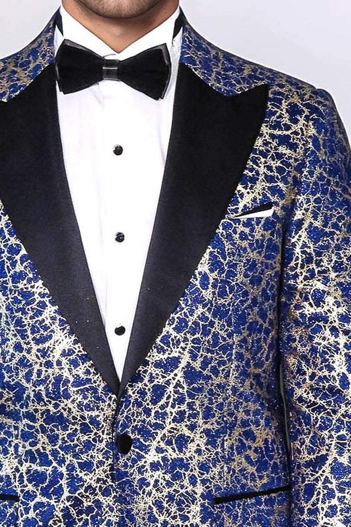 Root Pattern Peak Lapel Dark Blue Men Tuxode Dinner Blazer - Wessi