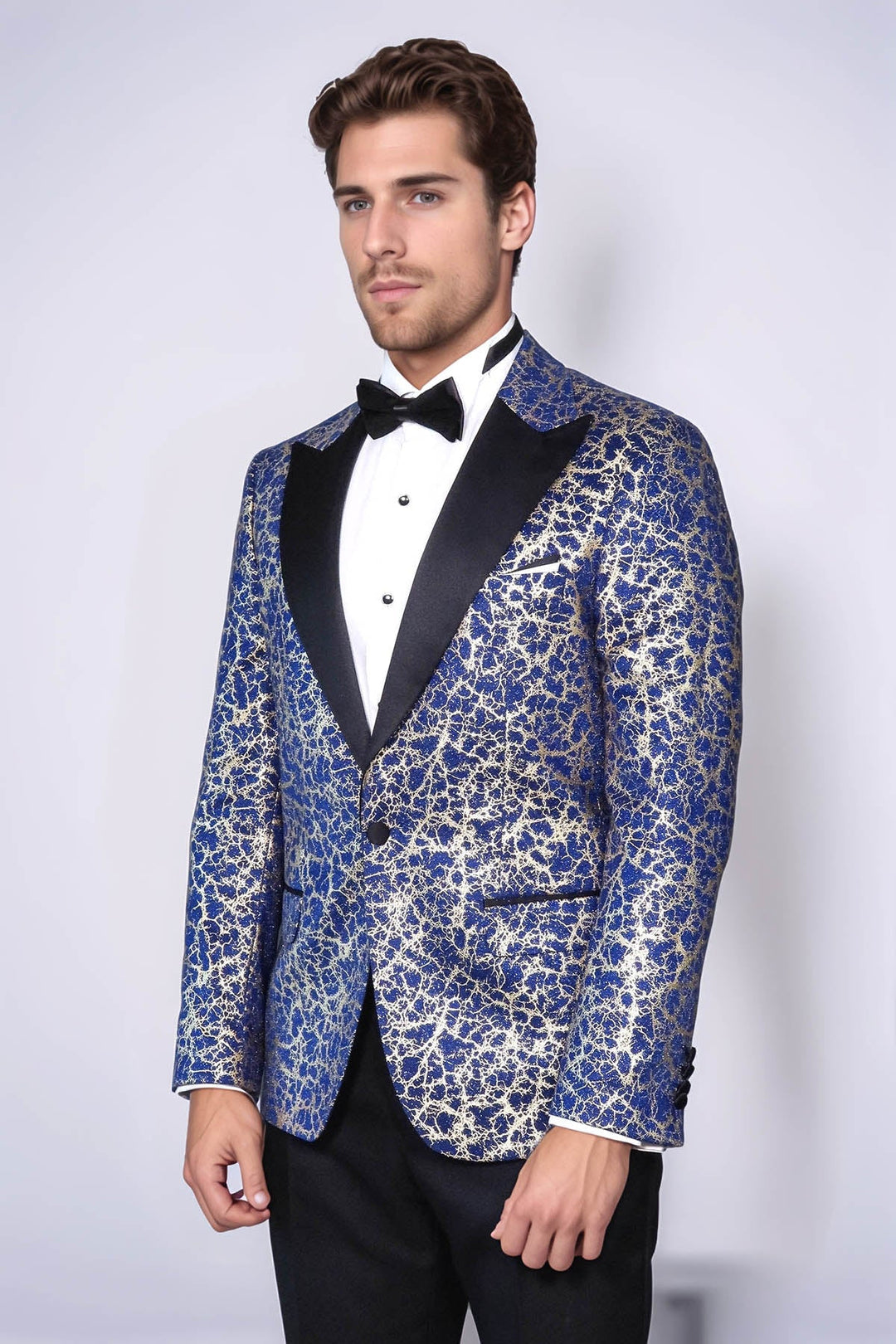 Root Pattern Peak Lapel Dark Blue Men Tuxode Dinner Blazer - Wessi