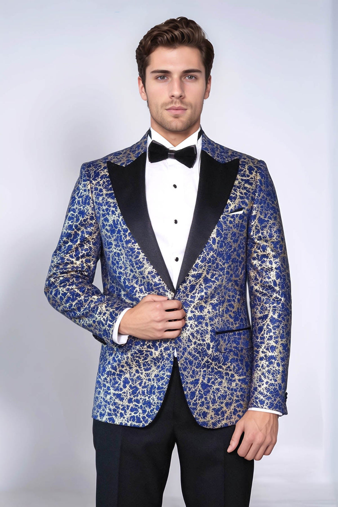 Root Pattern Peak Lapel Dark Blue Men Tuxode Dinner Blazer - Wessi