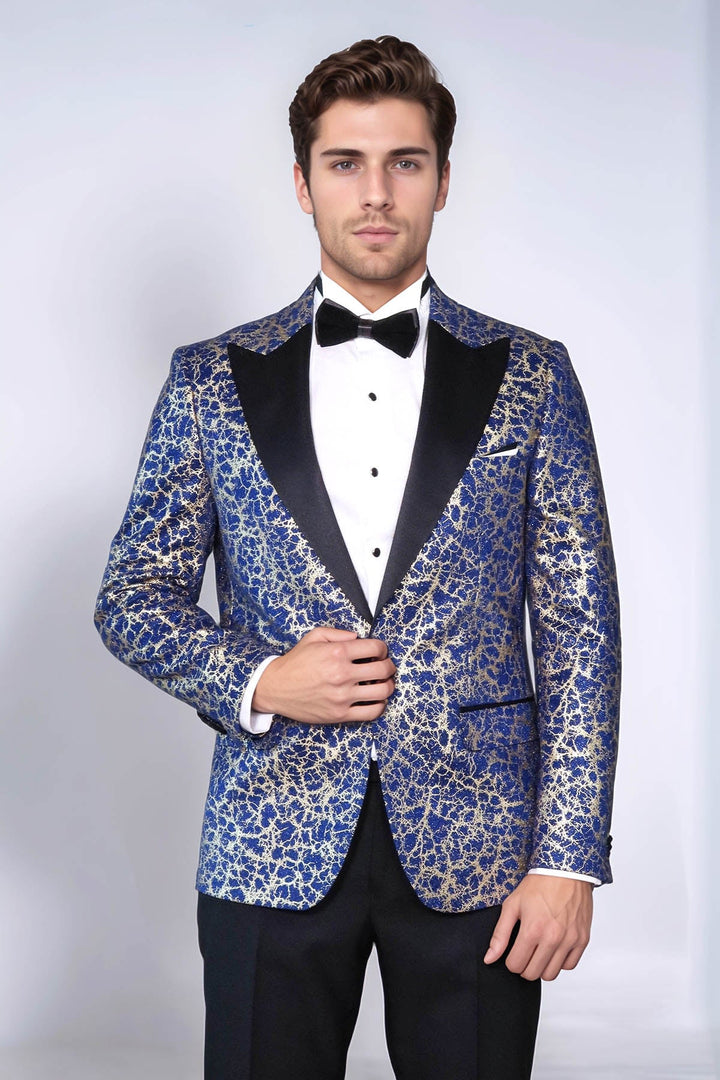 Root Pattern Peak Lapel Dark Blue Men Tuxode Dinner Blazer - Wessi