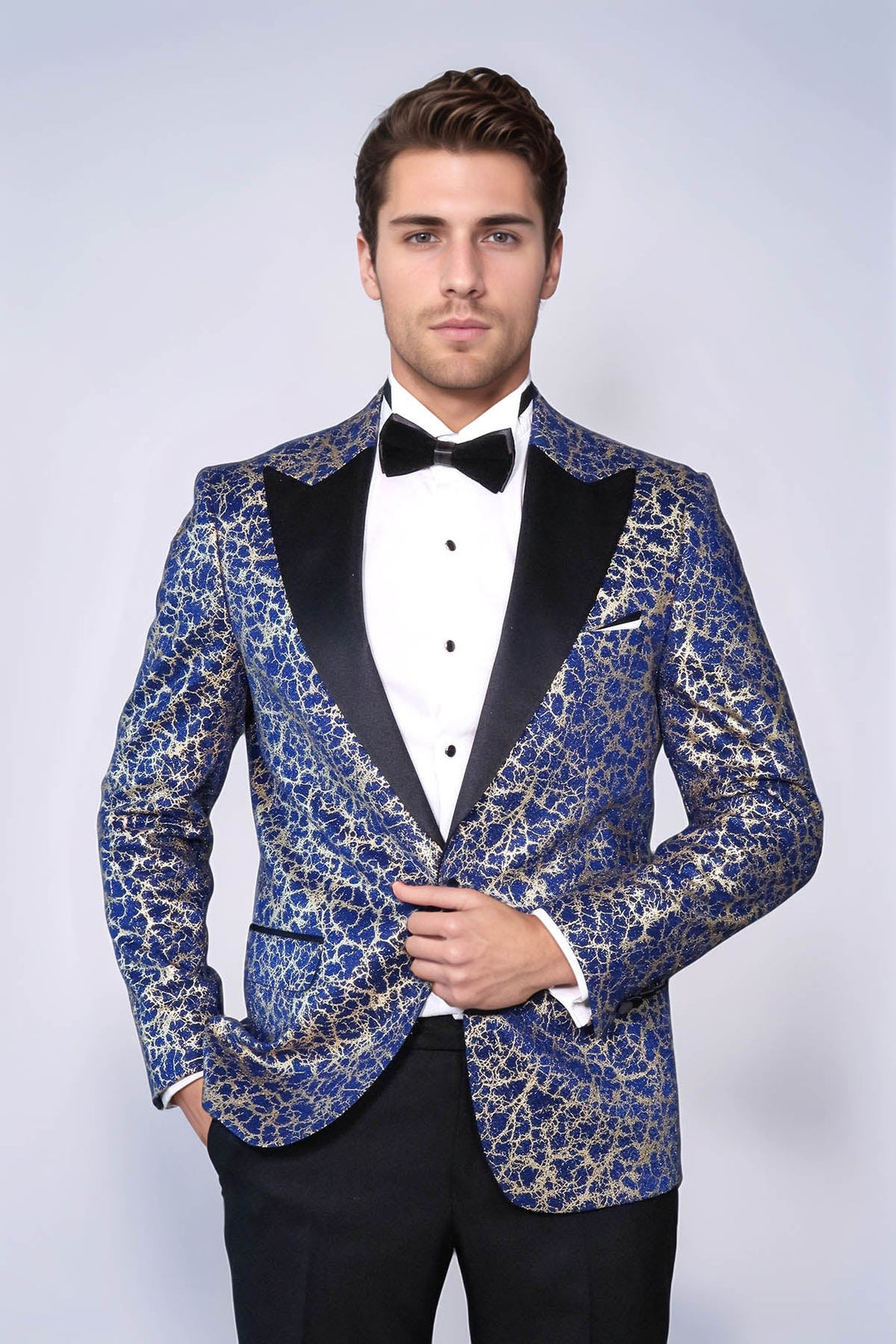 Root Pattern Peak Lapel Dark Blue Men Tuxode Dinner Blazer - Wessi