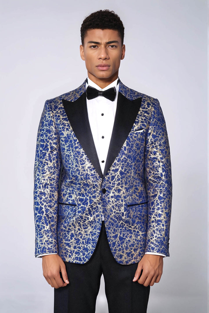 Root Pattern Peak Lapel Dark Blue Men Tuxode Dinner Blazer - Wessi