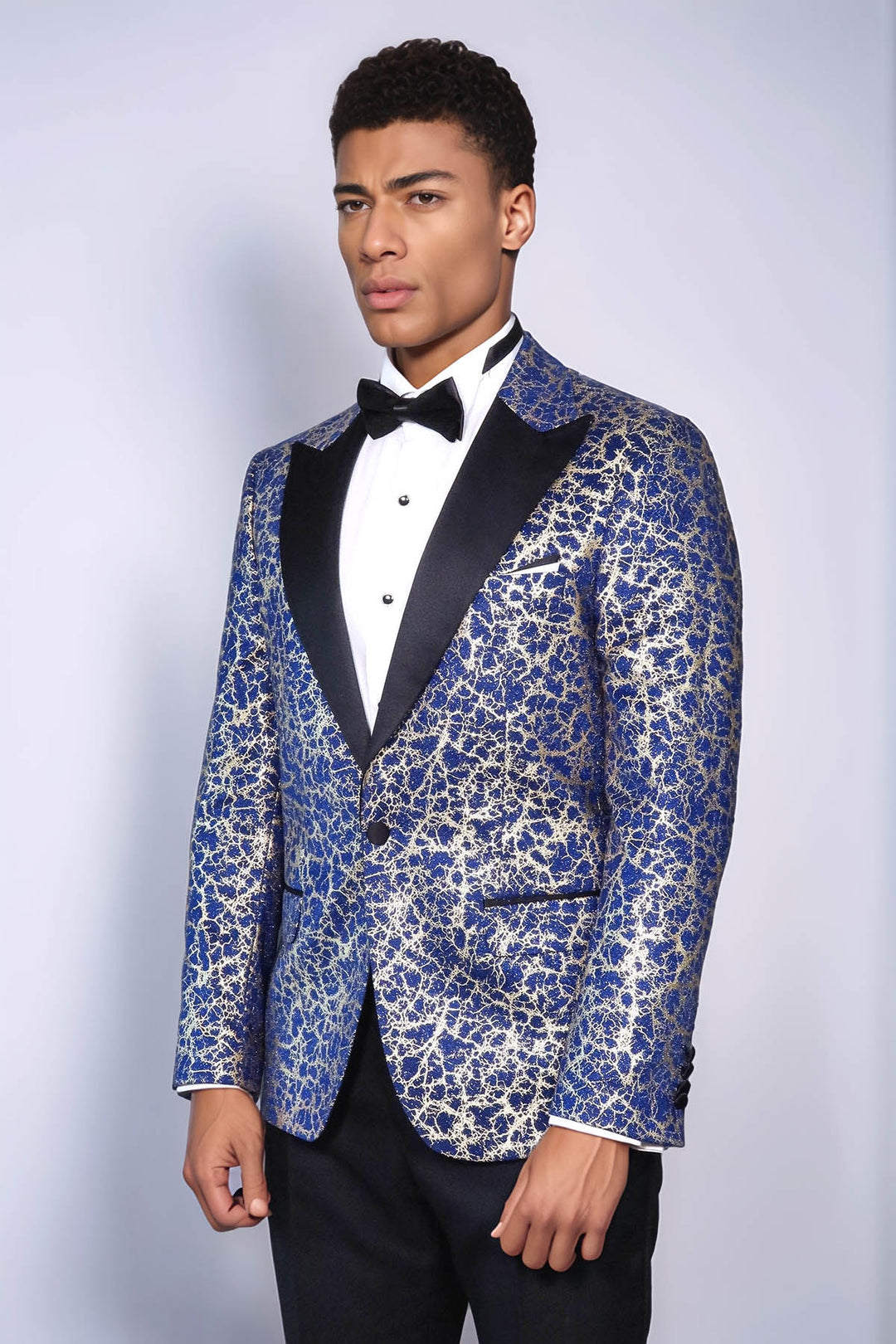 Root Pattern Peak Lapel Dark Blue Men Tuxode Dinner Blazer - Wessi