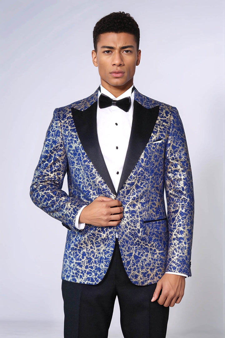 Root Pattern Peak Lapel Dark Blue Men Tuxode Dinner Blazer - Wessi